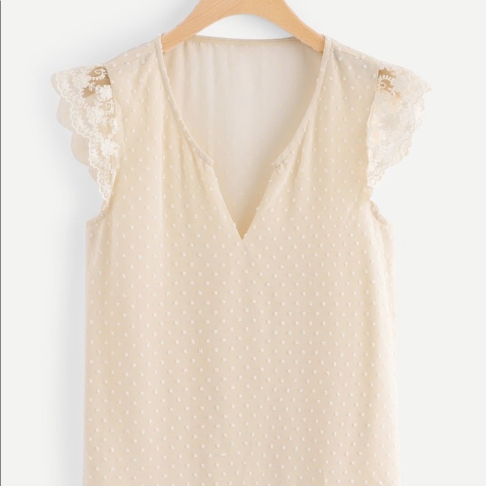 Floral Lace Sleeve Embroidery Dot Blouse SHEIN